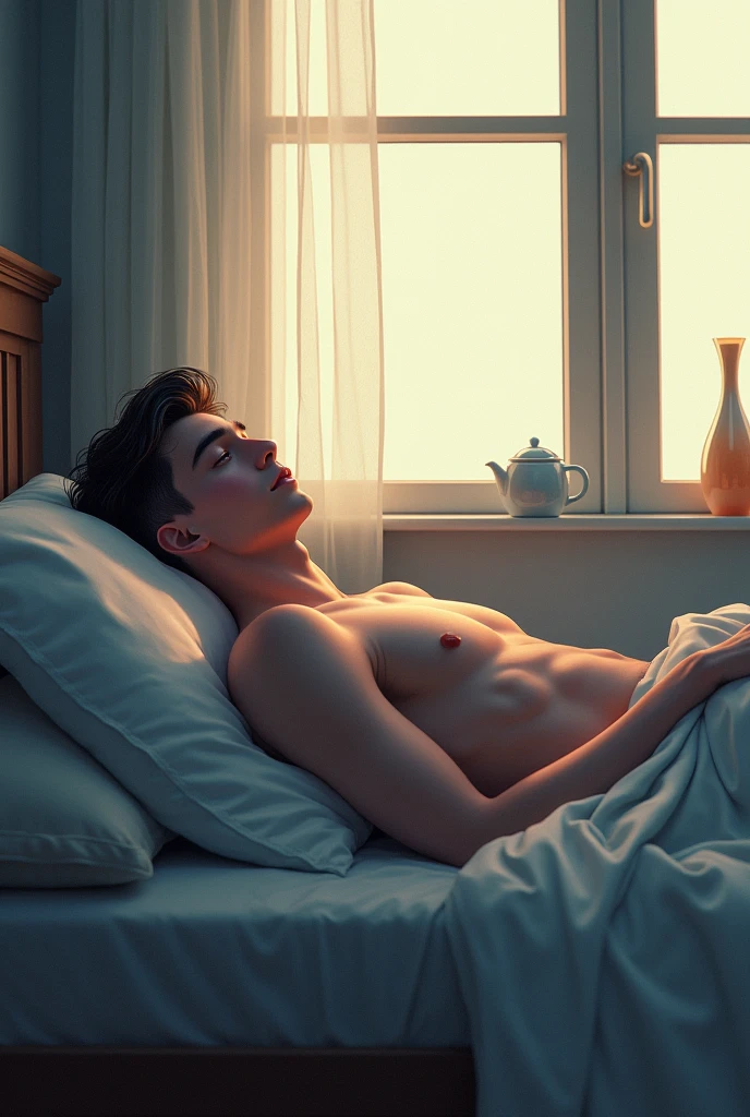 (Masterpiece, best quality), 1 man lying in bed playing with his mobile phone,