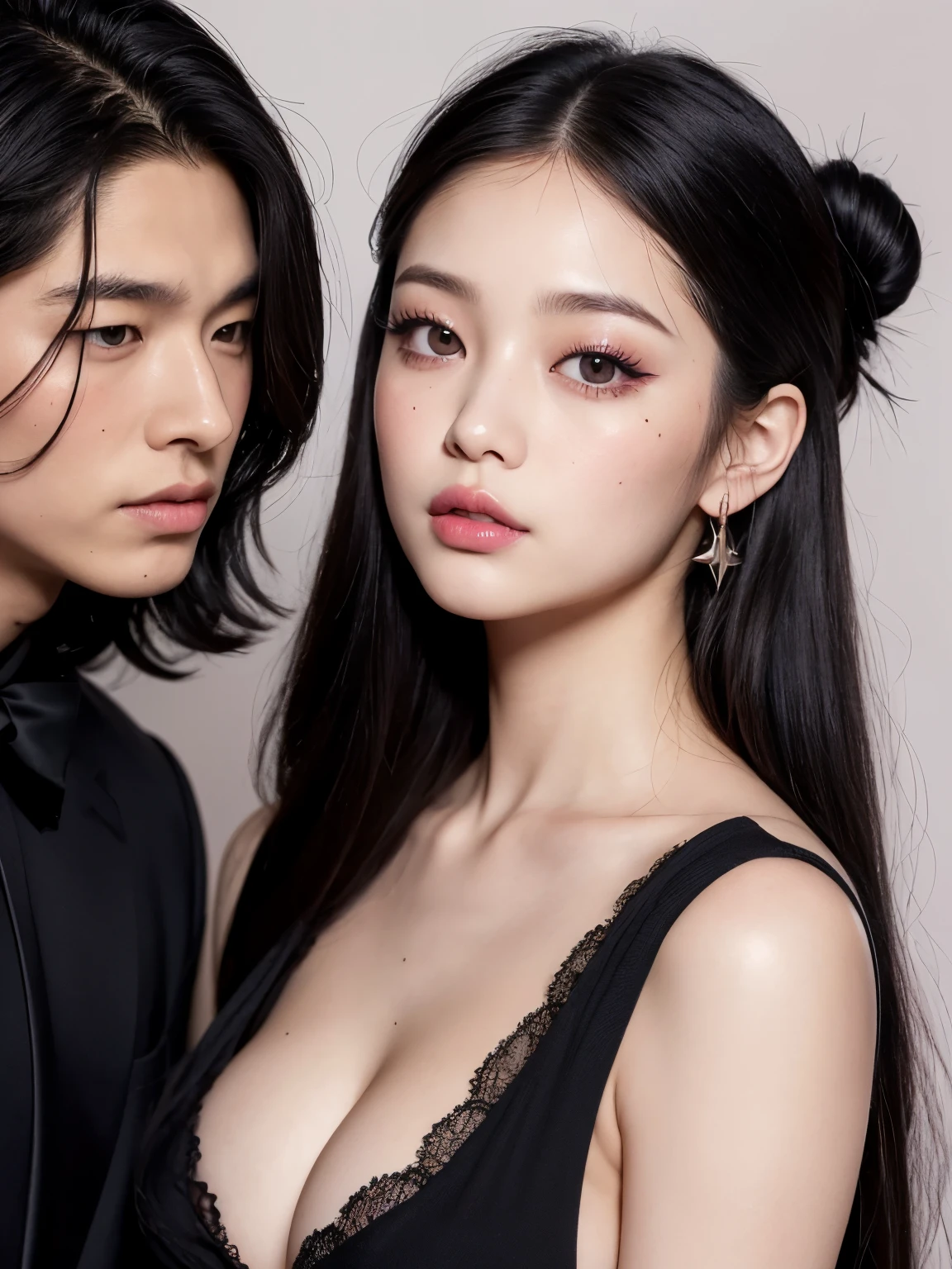 Kim Jennie con el cabello negro oscuro, con rulos en las puntas del cabello negro oscuro, con un ganchito de estrella en el cabello negro oscuro, ojos de color claro, ojos bonitos, ojos llorosos, nariz bonita y respingada, labios bonitos, labios rosas, heart and cupid shaped lip, piel bonita, pale, white skin, con lunares y pecas en todo el rostro, rubor rosa suave en las mejilla, rubor rosa natural, dark and gothic makeup, Jennie gotica, mientras ella esta con un chico lindo a su lado, with a cute asian boy standing next to her, mientras hay un torso de hombre, mientras el hombre'His hand is on her jaw., manos bonitas de hombre, with a gothic boy, cuellos bonito, cuello marcado, frown, mirada enojada, con un collar de beso, un collar bonito de beso, mientras sus pezones son notorios (pechos grandes, pechos suaves, pechos bonitos, pechos naturales), con un vestido blanco, vestido corto y transparente, visible on nipple, con un chico a su lado, con su novio, mirando a la camara, autofoto