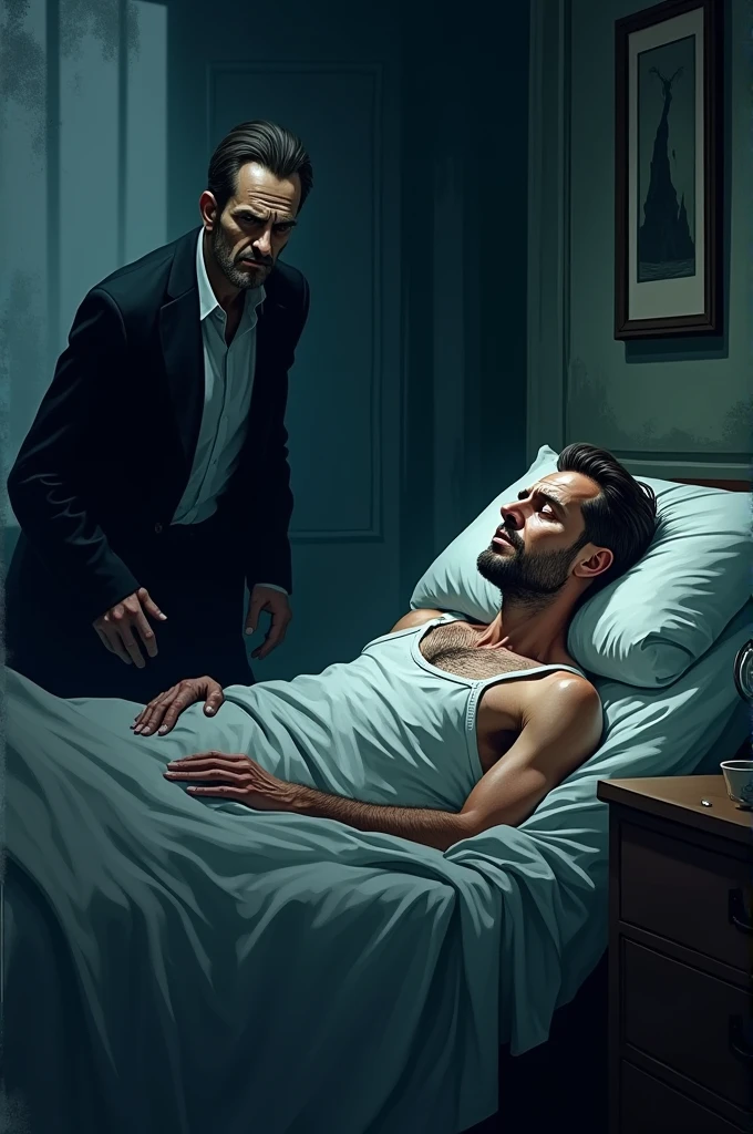 A shocking image of an exhausted young man, wrinkled, perspiring, is in desperation seeking success, looking straight ahead, expression frustrated by seeking success and not achieving it, in the background a television with the Netflix logo and a bed with a prostitute lying down, symbolizing the distractions that prevent you from achieving success, Realistic black and white illustration