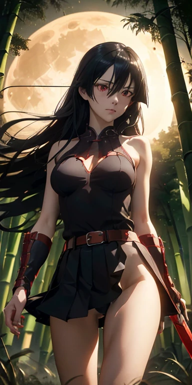 (masterpiece, Best Quality:1.3), (Upper part of the body:1.3), Akame, long hair, black skirt, black clothes, pleated skirt, belt, red eyes sword, katana, sheath, perfect face, expressive eyes, 1 woman, looking at the viewer, beautiful body, big chest, beautiful, cheered up, lora,1 woman, Long straight shiny black hair,  (cinematic lighting, realist, dreamlike, charming atmosphere:1.5), (in the bamboo forest, Midnight, big full moon:1.3) red moon, holding a katana sword, sword dripping blood. black panties, blood stains on the thighs, blood stains on the arms, tits.