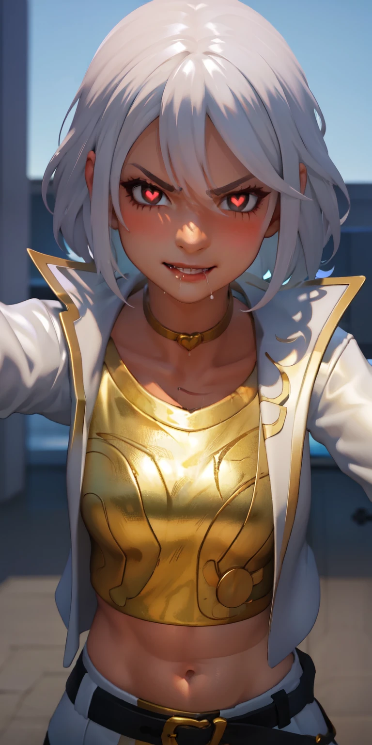 1girl, heart-shaped pupils, heart-shaped_pupils, white hair, short hair, red eyes, eyeshadow, (blush:1.1),upper body,heart, (speed lines:1.1),medium breasts, love, heart, white jacket, jacket crop top, navel, gold crop top, Drooling, smile, angry, 1girl, solo, kabedon pov, looking at viewer