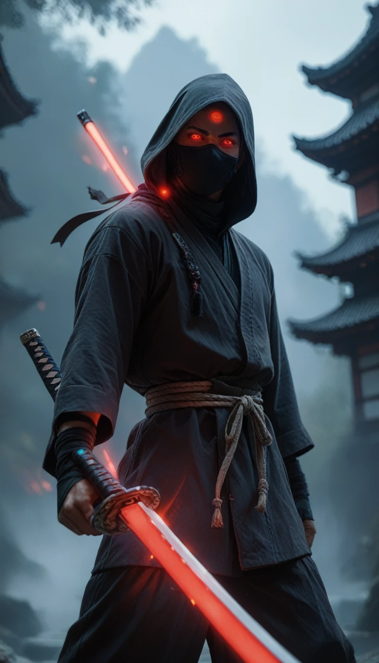 Dark ninja standing with a sword in his hand, looking at the camera, glowing red eyes, background of the Japanese kingdom, mask and hood, 