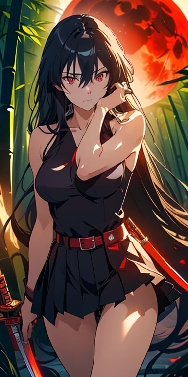 (masterpiece, Best Quality:1.3), stilo akame ga kill, (Upper part of the body:1.3), Akame, long hair, black skirt, black clothes, pleated skirt, belt, red eyes sword, katana, sheath, perfect face, expressive eyes, 1 woman, looking at the viewer, beautiful body, big chest, beautiful, cheered up, lora,1 woman, Long straight shiny black hair,  (cinematic lighting, realist, dreamlike, charming atmosphere:1.5), (in the bamboo forest, Midnight, big full moon:1.3) red moon, holding a katana sword, sword dripping blood. black panties, blood stains on the thighs, blood stains on the arms, tits.