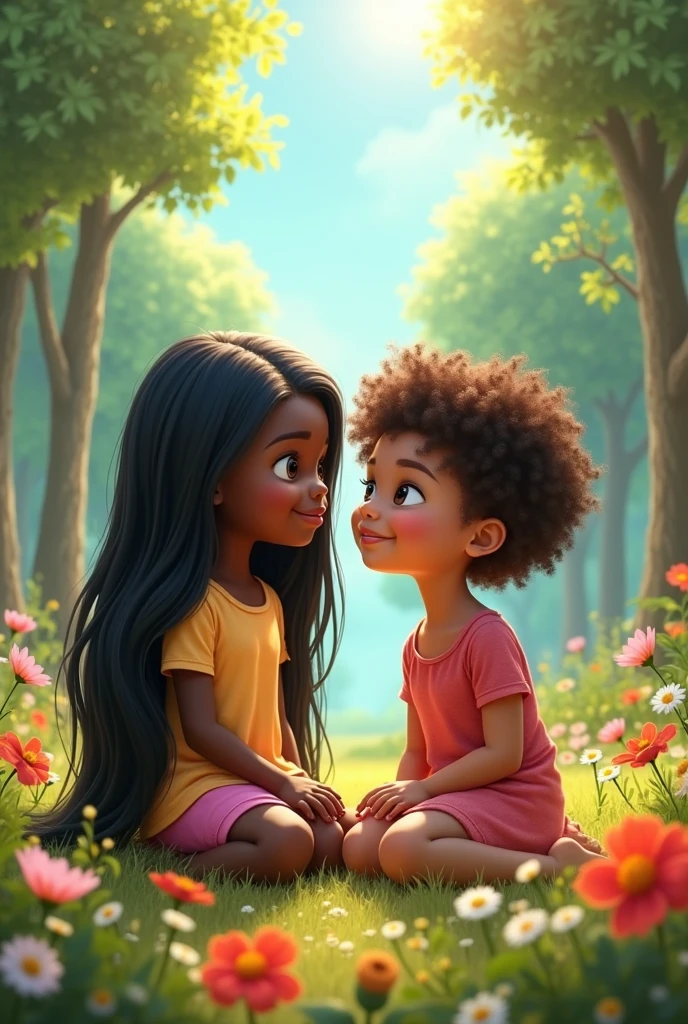 CHILD with black skin, purple and pink butterfly dress, black curly frizzy hair holding hands with black CHILD, Long wavy hair, yellow dress, happy barefoot in the BAMBUZAl of the CACHOEIRA with butterflies around