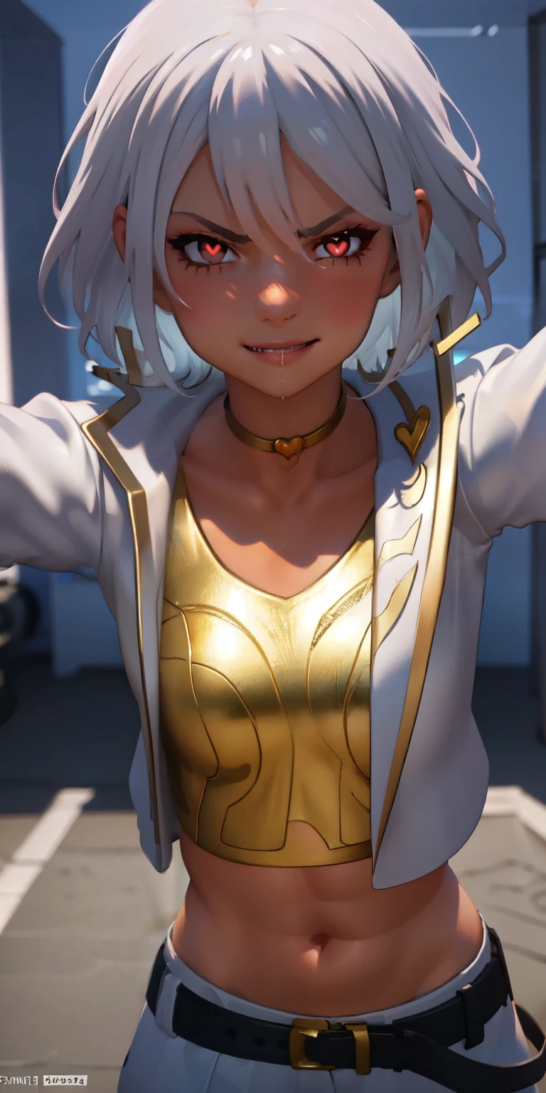 1girl, heart-shaped pupils, heart-shaped_pupils, white hair, short hair, (red eyes:1.2), eyeshadow, (blush:1.1),upper body,heart, (speed lines:1.1),medium breasts, love, heart, white jacket, jacket crop top, navel, gold crop top, Drooling, smile, angry, 1girl, solo, kabedon pov, looking at viewer