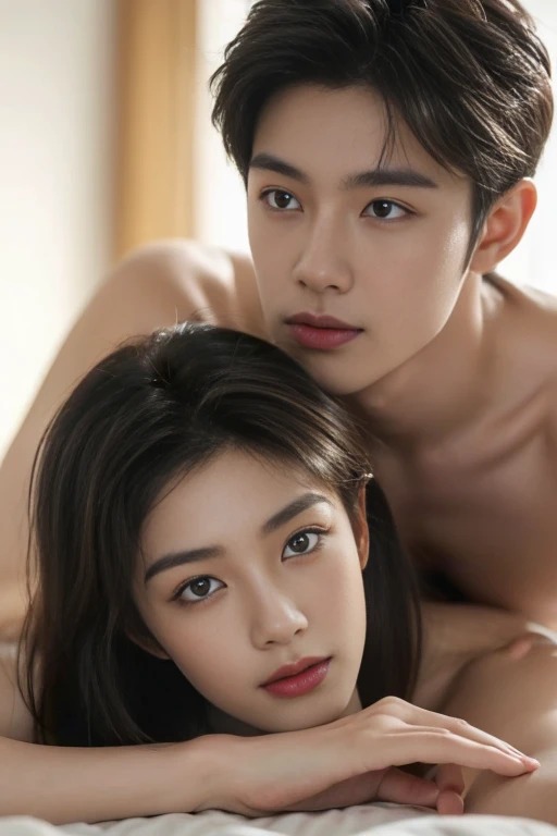 (Best quality,4K,8K,a high resolution,masterpiece:1.2),ultra detailed,(Realistic,photoRealistic,photo-Realistic:1.37),beautiful asian couple of guys,Two handsome cute guys, eyes detail, korean eyes, detailed features,romantic mount kissing&licking,soft lighting,bright colors,bedroom, micro bikini!,full body shot.