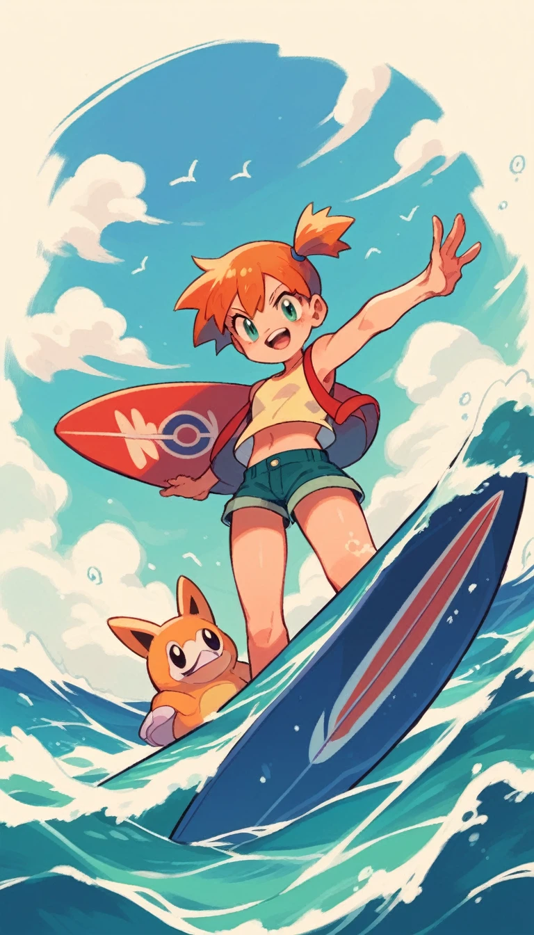 score_9, score_8_up, score_7_up, score_6_up,score_5_up,score_4_up, BREAK akiraposter,misty \(pokemon\),shorts,red suspenders,yellow shirt,from above, from behind, walking,beach,surfboard <lora:concept_akiraposter_ponyXL:1>