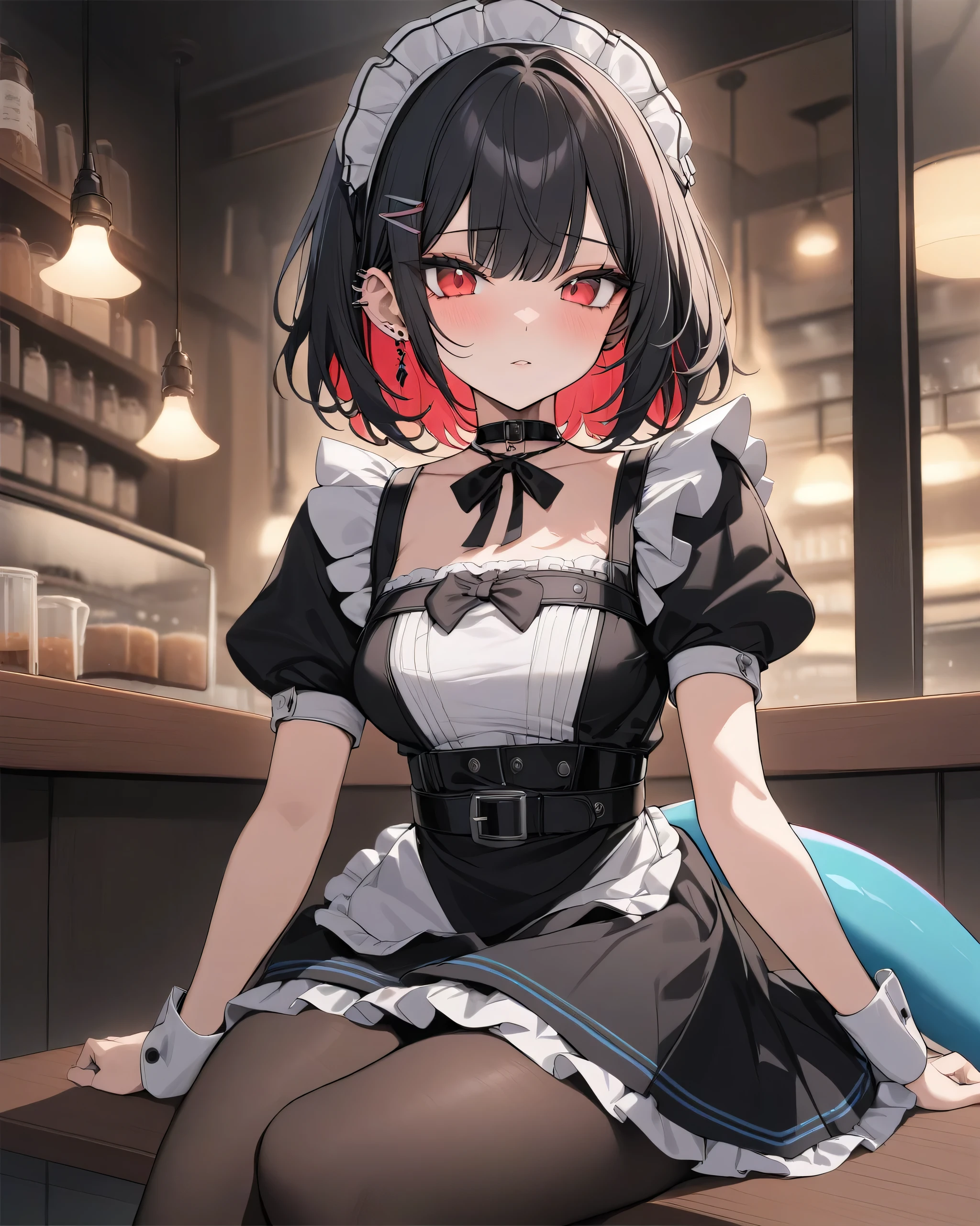 masterpiece, vibrant colours, best quality, detailed, highres, absurdres, score_9, score_8_up, score_7_up, aaellen, red eyes, black hair, short hair, colored inner hair, hairclip, ear piercing, fins, shark tail, maid headdress, hair ornament, black dress, puffy short sleeves, choker, frilled dress, high-waist skirt, black pantyhose, wrists cuffs, apron, belt, black footwear ,looking at viewer, night, cafe, sitting, neutral expression,  cowboy shot, Very aesthetic