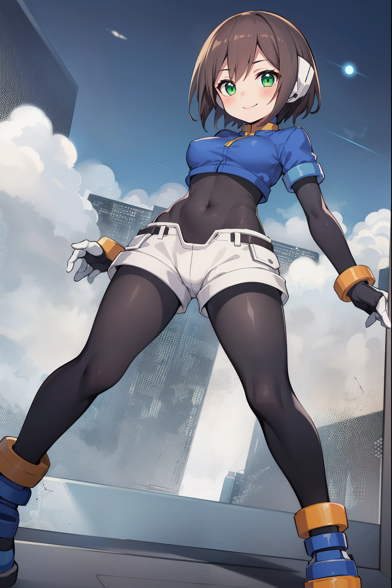 aile_megamanzx,  , 1girl, solo, short hair, brown hair, short sleeves, (bodysuit), robot ears, green eyes, short_shorts, short sleeves, short over long sleeves, smile, in futuristic city, , high quality, medium_breasts,crotch, slouch