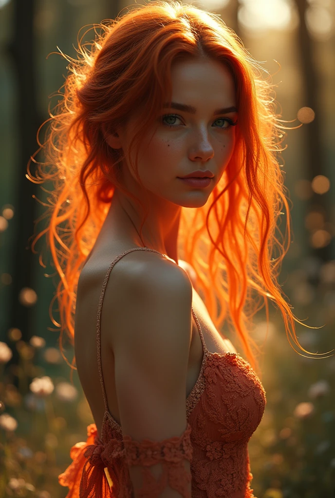 Sensual young woman, in thin silk dress, dewy skin, shiny skin, looking into camera 36k dehaze, full body, backlit, chic fashion editorial, floral, body silhouette light, backlit silhouette silhouette((light orange hair)) (fashion high fashion) photography, (close-up: 1.1), glamorous woman with gorgeous (((blue and light orange flowered))) silk gown, beautiful side boob, sensual body, sensual pose, wearing thin strappy high heels,
