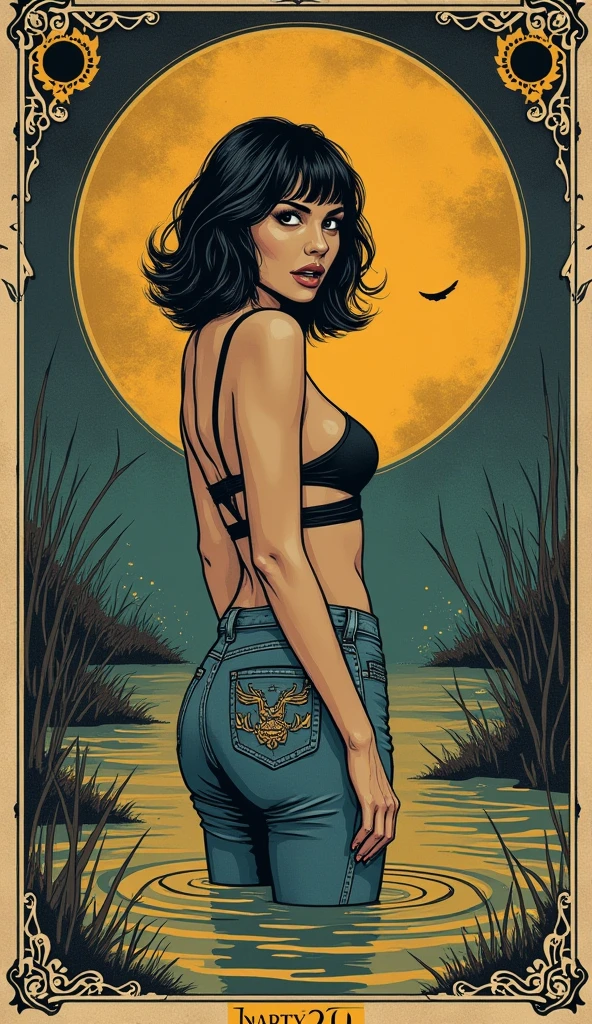 sexy girl in a lake, lingerie, perfect ass, magic, forest, fantastic, night sky, moon, stars, background, (simple oil painting in a style to Bill Sienkiewicz)