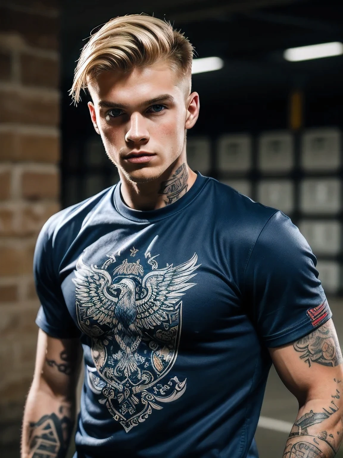 I would like a cartoon style drawing of a 19 year old boy. He is tall and muscular, with very masculine features such as a defined jaw and thick eyebrows. He has tattoos on his back and a bird tattoo on his right shoulder.. The hair is modern, short on the sides and longer on top. Your facial expression should be confident or serious, according to your criteria. Wear a black short sleeve t-shirt, His gaze is penetrating