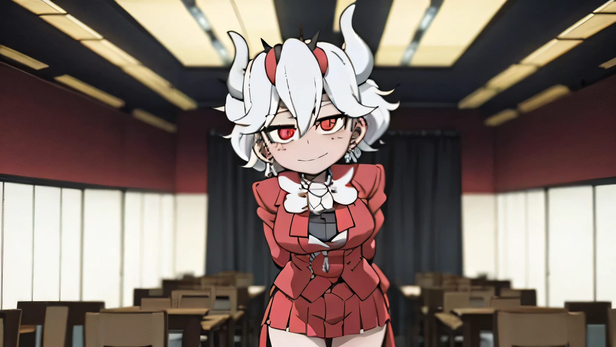 beelzebub(helltaker), red bowtie,1girl, looking at viewer, red eyes, demon horns, white hair, smile, earrings, closed mouth, demon girl, red gloves, gloves, jewelry, horns, white horns, solo, hair between eyes, cowboy shot, solo, short hair, school uniform, skirt, standing, leaning forward, arms behind back, smile, classroom
