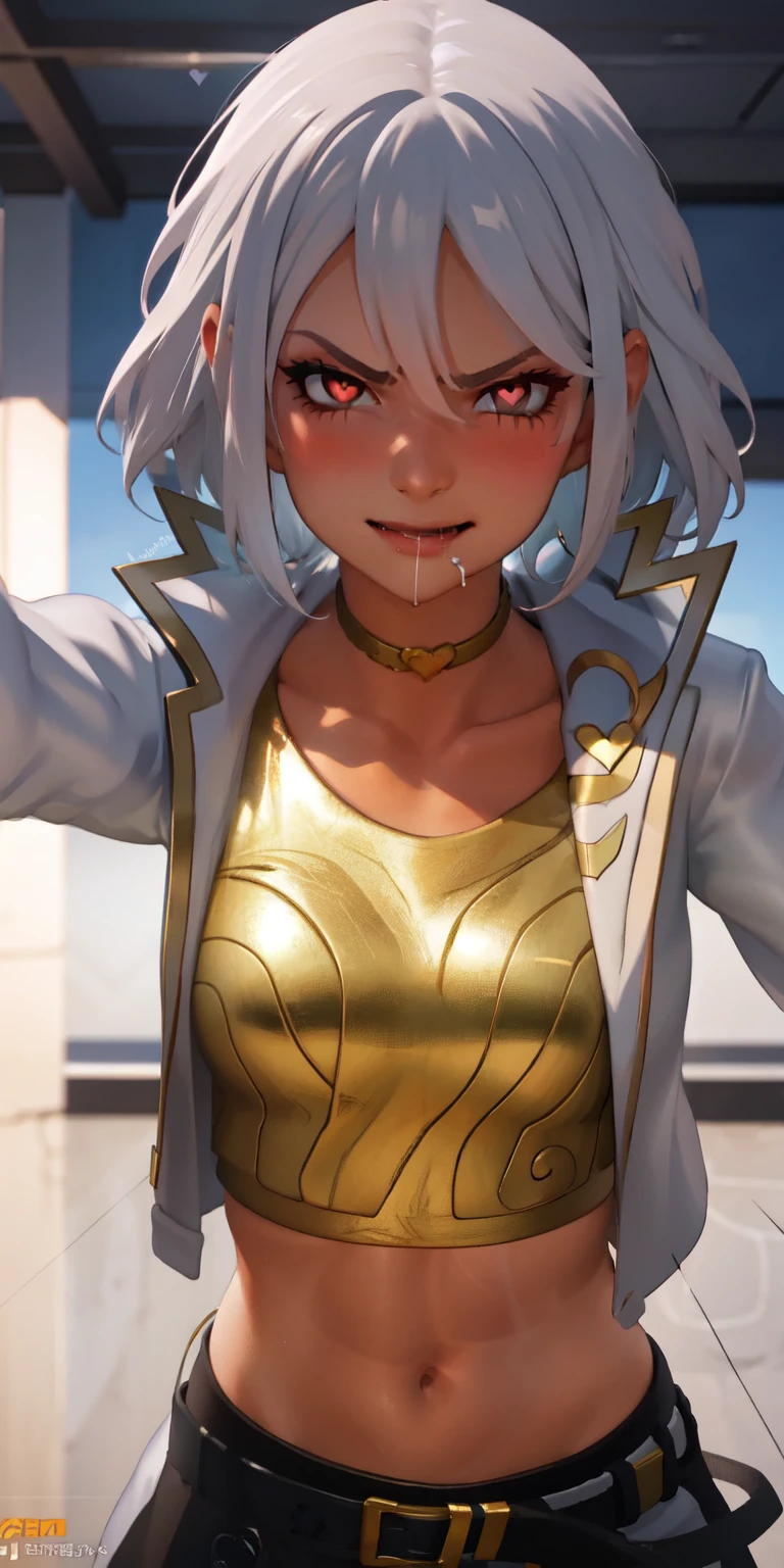 1girl, heart-shaped pupils, heart-shaped_pupils, white hair, short hair, (red eyes:1.2), eyeshadow, (blush:1.1),upper body,heart, (speed lines:1.1),medium breasts, love, heart, white jacket, jacket crop top, navel, gold crop top, Drooling, smile, angry, 1girl, solo, kabedon pov, looking at viewer