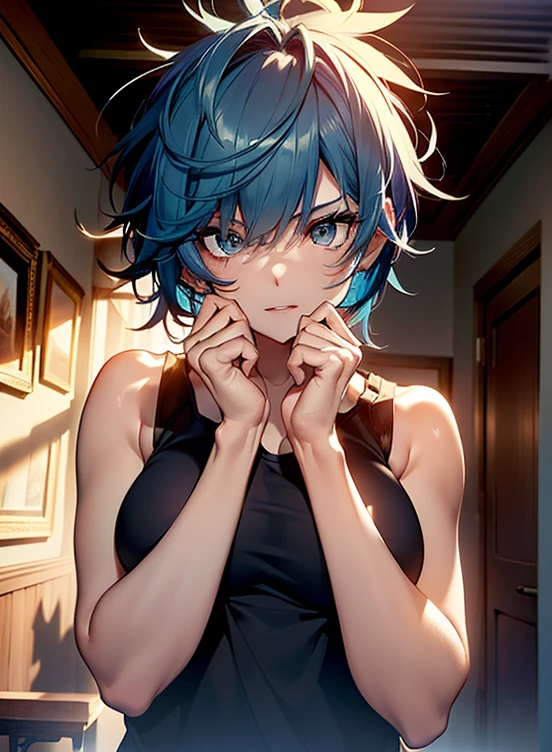 random posture、(((tank top over naked))), mix 4、(in 8K、RAW photo、highest quality、masterpiece:1.2)、short hair, blue hair, ,  beautiful blue haired girl, flowing blue hair, rich blue colors,(background dim bedroom）,one girl、professional lighting、（masterpiece）、（elaborate CG）best quality photos, High resolution, 1080P, (clean face), (Detailed facial description), (detailed description of hands）、（masterpiece）、（elaborate CG）、extreme light and shadow、messy hair、master&#39;s work、Rich details、（detailed facial features）、（best quality photos）、（masterpiece）、（detailed eye）、look in front of you、from behind