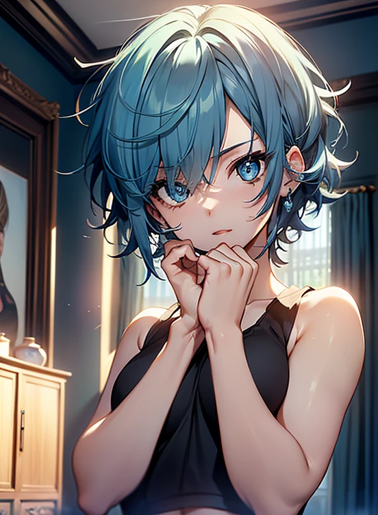 random posture、(((tank top over naked))), mix 4、(in 8K、RAW photo、highest quality、masterpiece:1.2)、short hair, blue hair, ,  beautiful blue haired girl, flowing blue hair, rich blue colors,(background dim bedroom）,one girl、professional lighting、（masterpiece）、（elaborate CG）best quality photos, High resolution, 1080P, (clean face), (Detailed facial description), (detailed description of hands）、（masterpiece）、（elaborate CG）、extreme light and shadow、messy hair、master&#39;s work、Rich details、（detailed facial features）、（best quality photos）、（masterpiece）、（detailed eye）、look in front of you、from behind