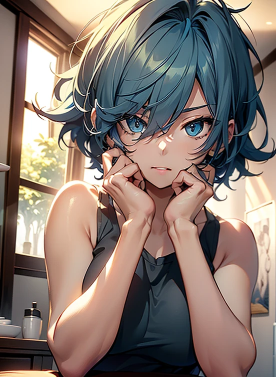 random posture、(((tank top over naked))), mix 4、(in 8K、RAW photo、highest quality、masterpiece:1.2)、short hair, blue hair, ,  beautiful blue haired girl, flowing blue hair, rich blue colors,(background dim bedroom）,one girl、professional lighting、（masterpiece）、（elaborate CG）best quality photos, High resolution, 1080P, (clean face), (Detailed facial description), (detailed description of hands）、（masterpiece）、（elaborate CG）、extreme light and shadow、messy hair、master&#39;s work、Rich details、（detailed facial features）、（best quality photos）、（masterpiece）、（detailed eye）、look in front of you、from behind