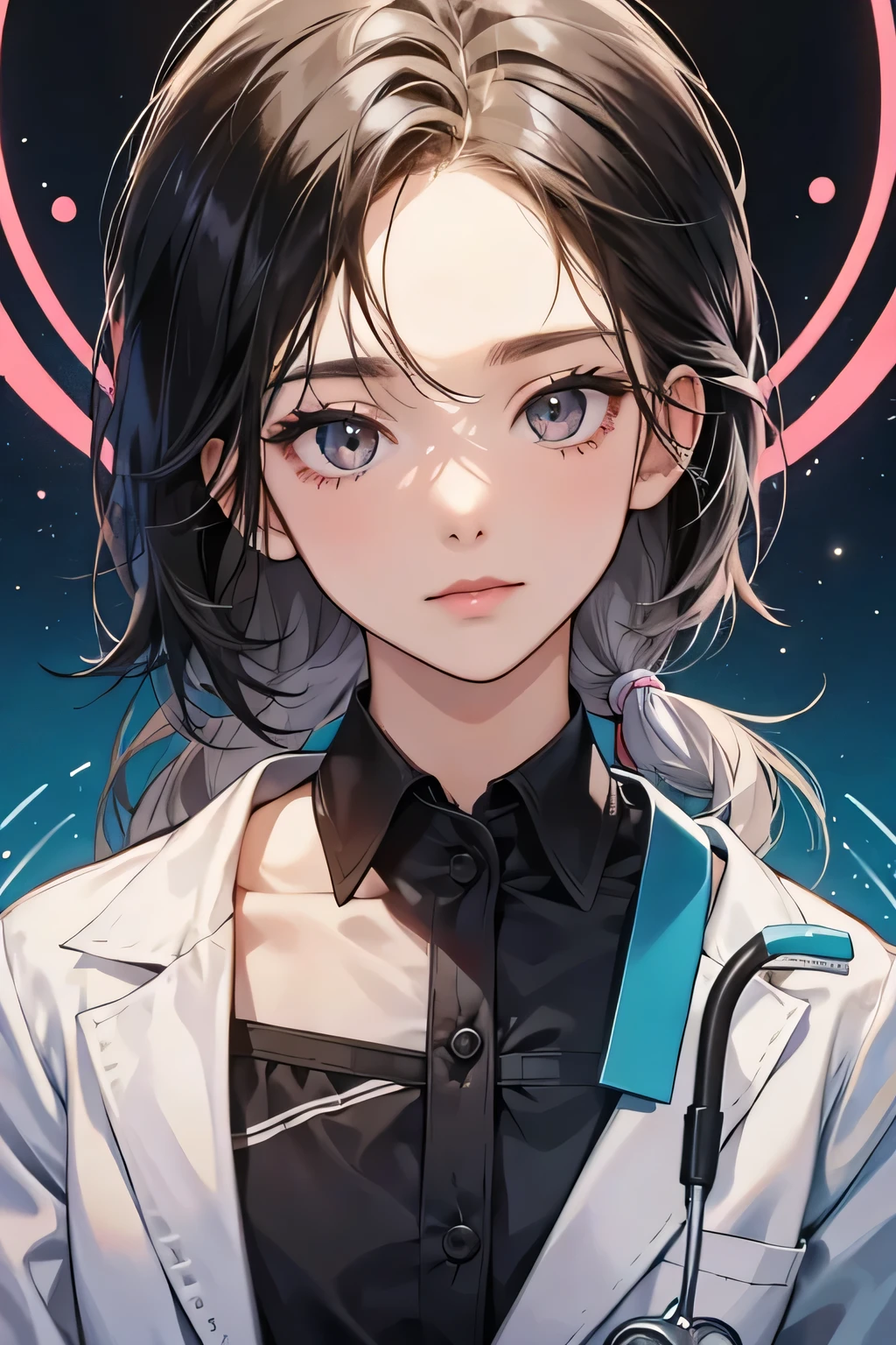 A medical student, black and slanted eyes , it's white, She is a doctor at the University of Cambridge. She is pretty and wears her long black hair, She wears doctor's clothes, A white Filipino with small panda earrings. black hair. She is a doctor.