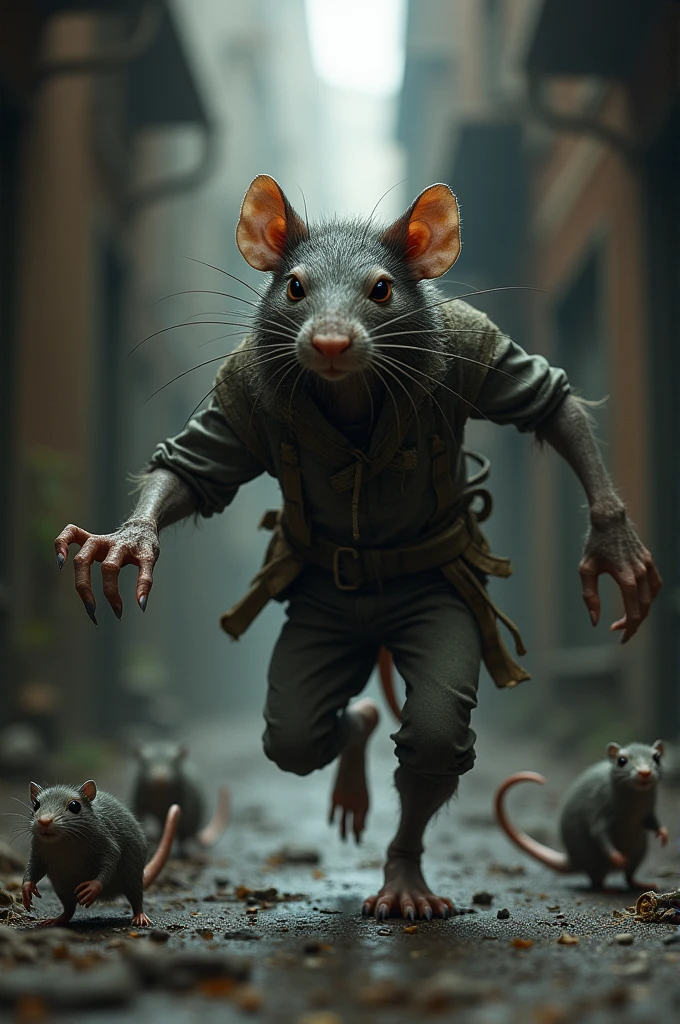 Very thin human-sized humanoid rat mistreating a stray dog