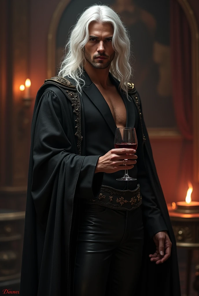 Create a very handsome prince of hell, attractive and imposing, He is sitting on a chair made of branches and is dressed only in a long, semi-transparent black tunic with gold embroidery., that has a body pants and a belt, Give him long white hair that falls in waves over his bare chest with some snake tattoos, that has a sly and captivating smile, that is holding a glass of wine.