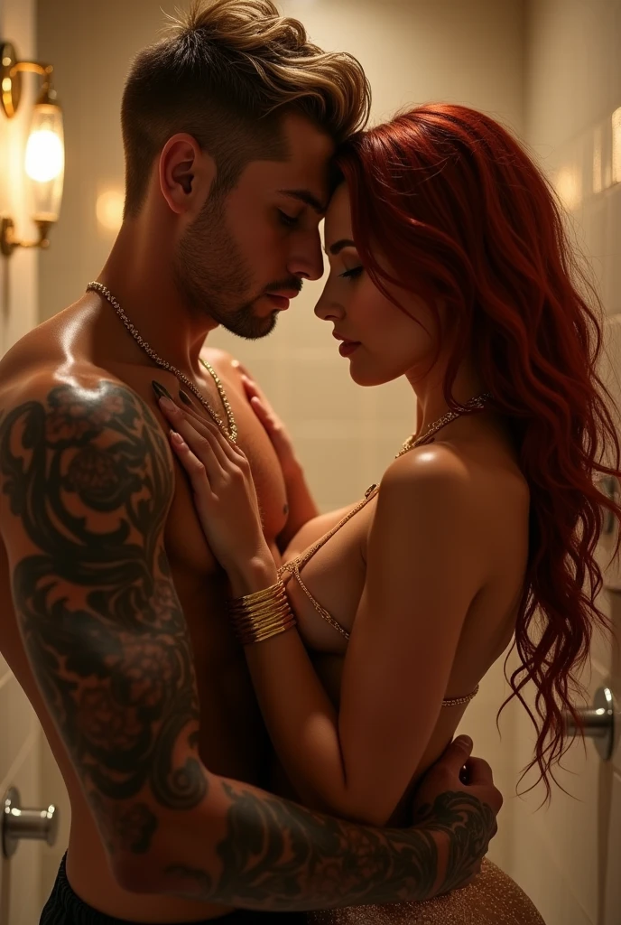 romantic passionate intimate sensual couple, she has long straight red hair, (30 years old, hourglass figure, perfect body, natural medium breasthas brown short hair and is muscular, two lovers, naked bodies,ngled in embrace, making love, blissful expressions, soft skin, tangled limbs, warm tones, cinematic composition, depth of field, hyper realistic, detailed anatomy, chiaroscuro lighting, oil painting, impasto texture