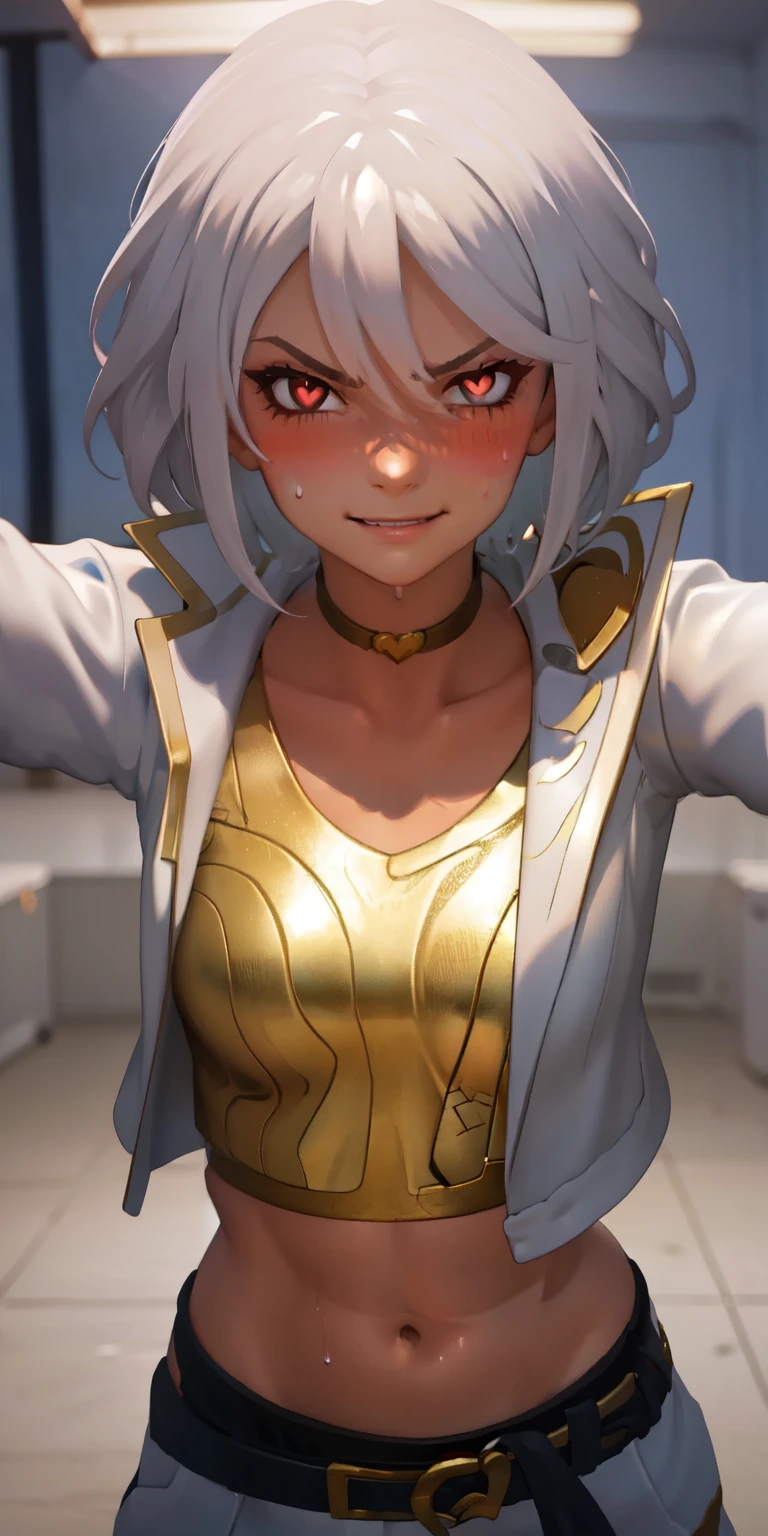 1girl, heart-shaped pupils, heart-shaped_pupils, white hair, short hair, (red eyes:1.2), eyeshadow, (blush:1.1),upper body,heart, (speed lines:1.1),medium breasts, love, heart, white jacket, jacket crop top, navel, gold crop top, sweat, sweatdrop, trembling, smile, angry, 1girl, solo, kabedon pov, looking at viewer