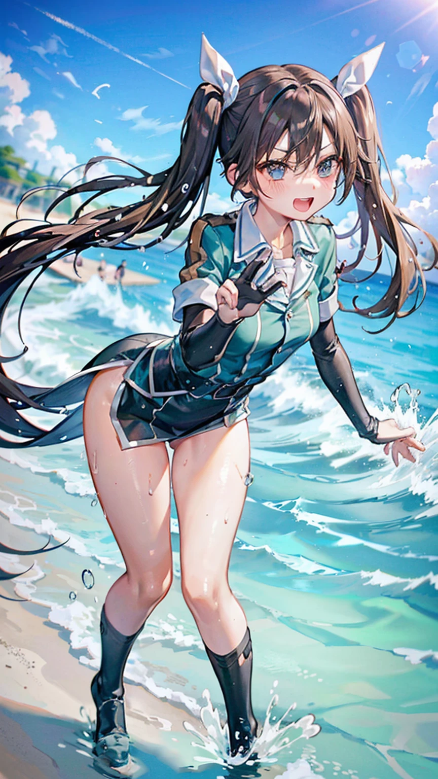 tone,/(kantai_collection/),(((Having fun splashing around in the water at the beach))),in uniform,twintail_hair,closed_one_eye