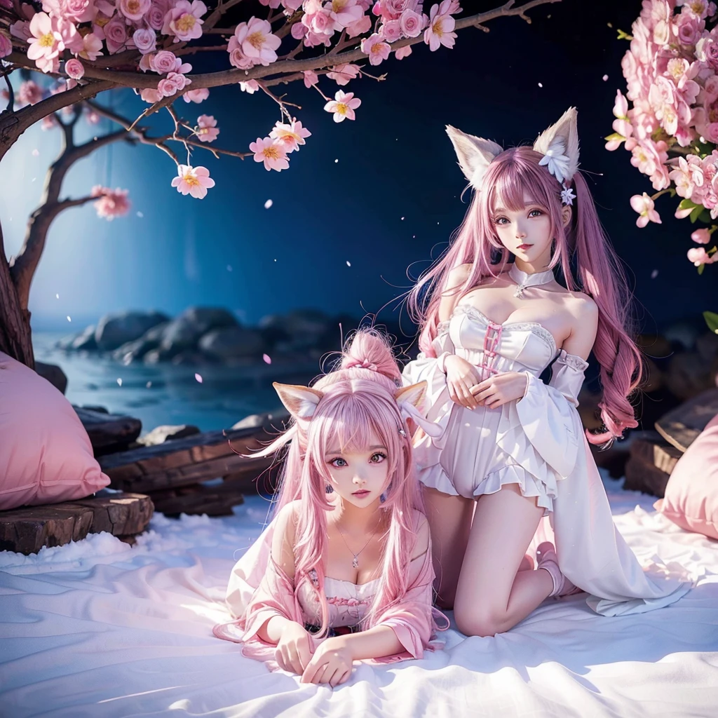 (masterpiece), best quality, expressive eyes, perfect face, fox girl, ((fluffy tail)), (under cherryblossom tree), coloful summer dress, embroided summer dress, red eyes, detailed eyes, perfect face, cleavage