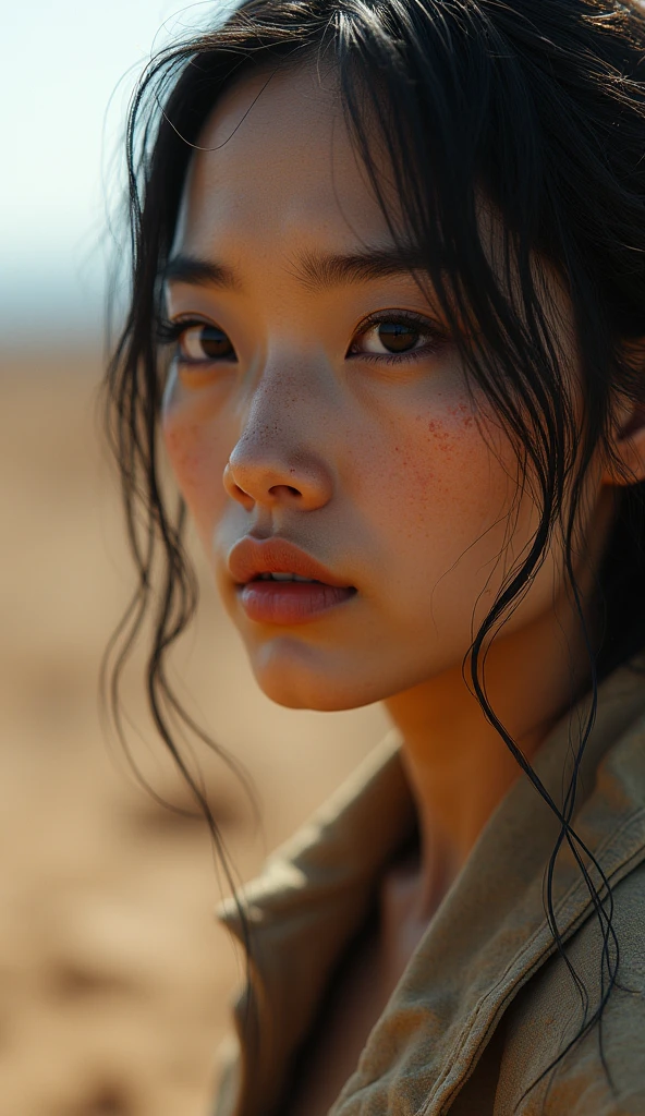 masterpiece, Transition to a desert landscape at sunset, a lonely figure, A beautiful 32-year-old American woman emerges wearing beautiful post-apocalyptic nomadic clothing., White skin, by rubio, gray blue eyes, Freckles in the face, slim body for running, small breasts, Very detailed face, ultra realistic face, very beautiful face, clean but tired face, post-apocalyptic clothing. Layers of tattered fabric, unconventional accessories, and a worn appearance create an aura of survival and resistance., 16k, ultra high resolution.photorealistic, HD, raw, DSLR, with the face of jeniffer lawrence