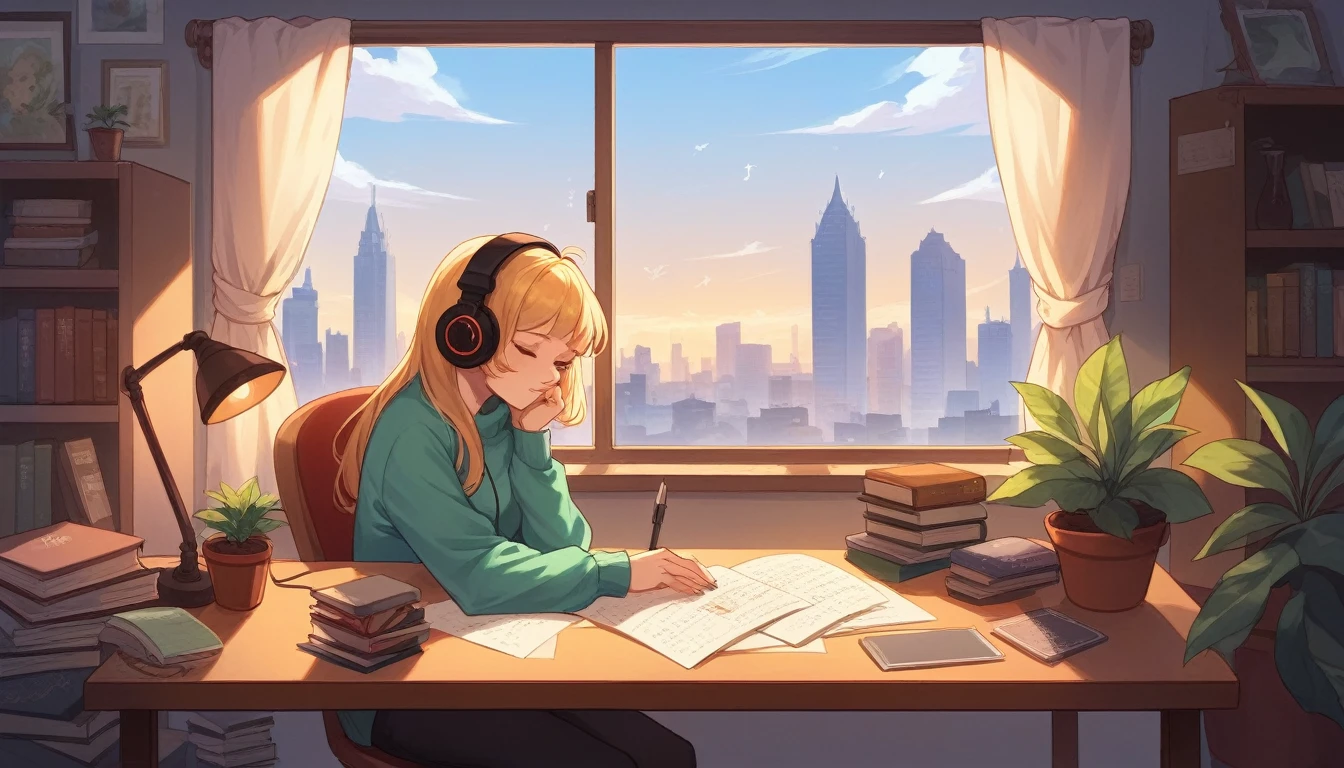 Create a digital illustration of a young woman studying in a cozy room. She has shoulder-length blonde hair, wears headphones, and is focused on writing in a notebook. The room is warmly lit, with soft, ambient light coming from a desk lamp. The background shows a window with a cityscape view, and outside, it's nighttime with stars visible in the sky. The room is filled with small details like books, plants, and a cup of coffee on the desk, creating a peaceful and calming atmosphere. The style is simple and clean, with a relaxing and chill vibe, perfect for a lo-fi aesthetic