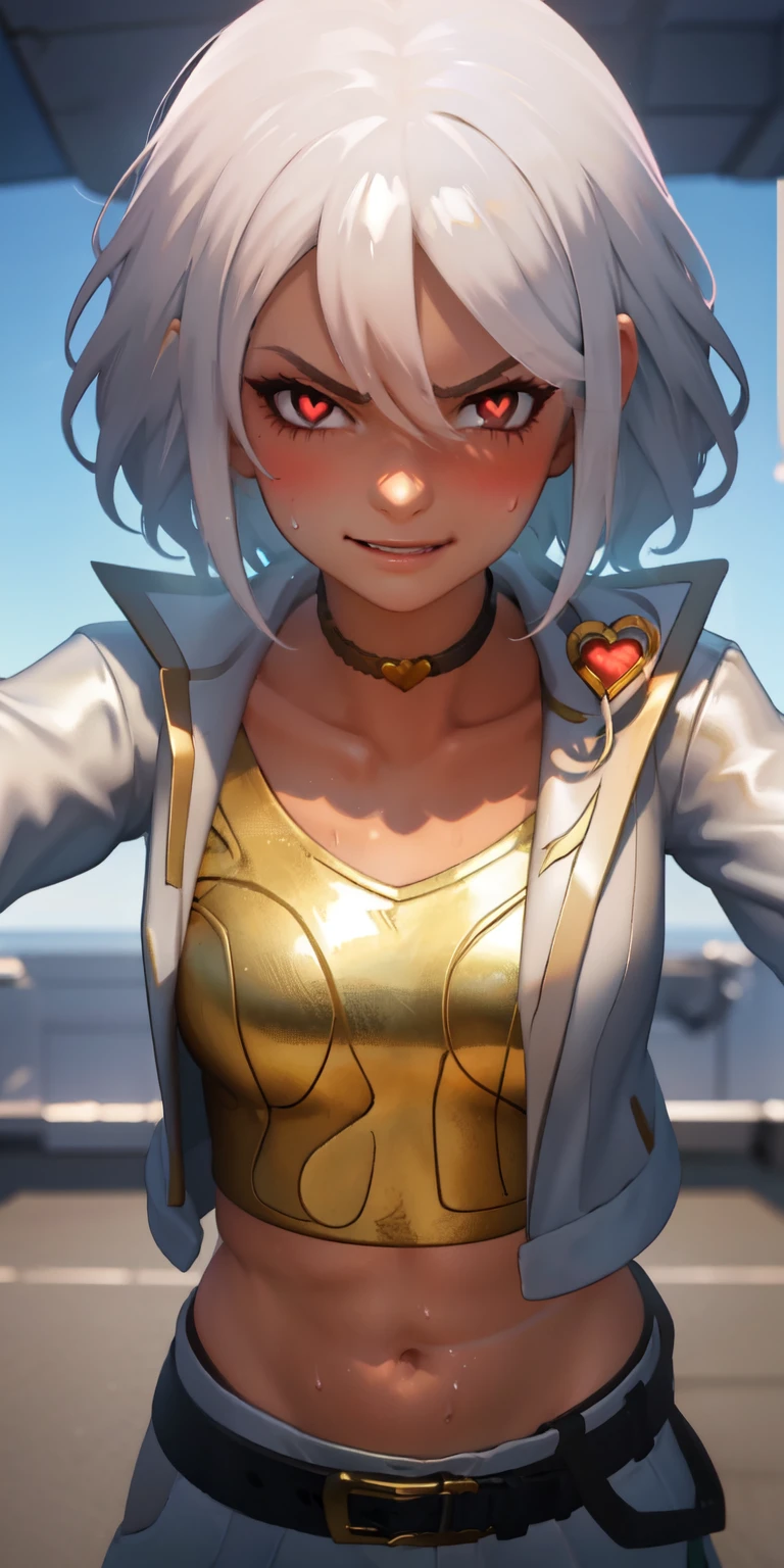 1girl, heart-shaped pupils, heart-shaped_pupils, white hair, short hair, (red eyes:1.2), eyeshadow, (blush:1.1),upper body,heart, (speed lines:1.1),medium breasts, love, heart, white jacket, jacket crop top, navel, gold crop top, sweat, sweatdrop, trembling, smile, angry, 1girl, solo, kabedon pov, looking at viewer