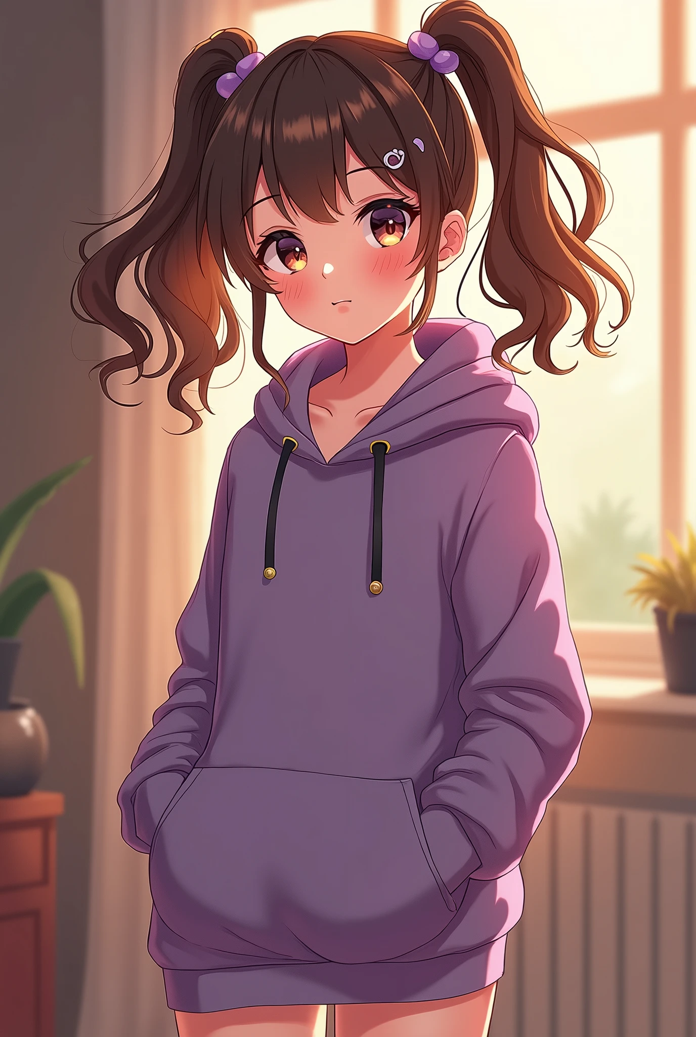 girl, brown hair, medium hair, purple eyes, seductive face, naked, no clothes