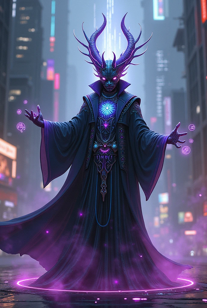 generate a dragonatu that would be a wizard with robes that would be awesome with a cyberpunk vibe and that his skin would be purple, blue and green
