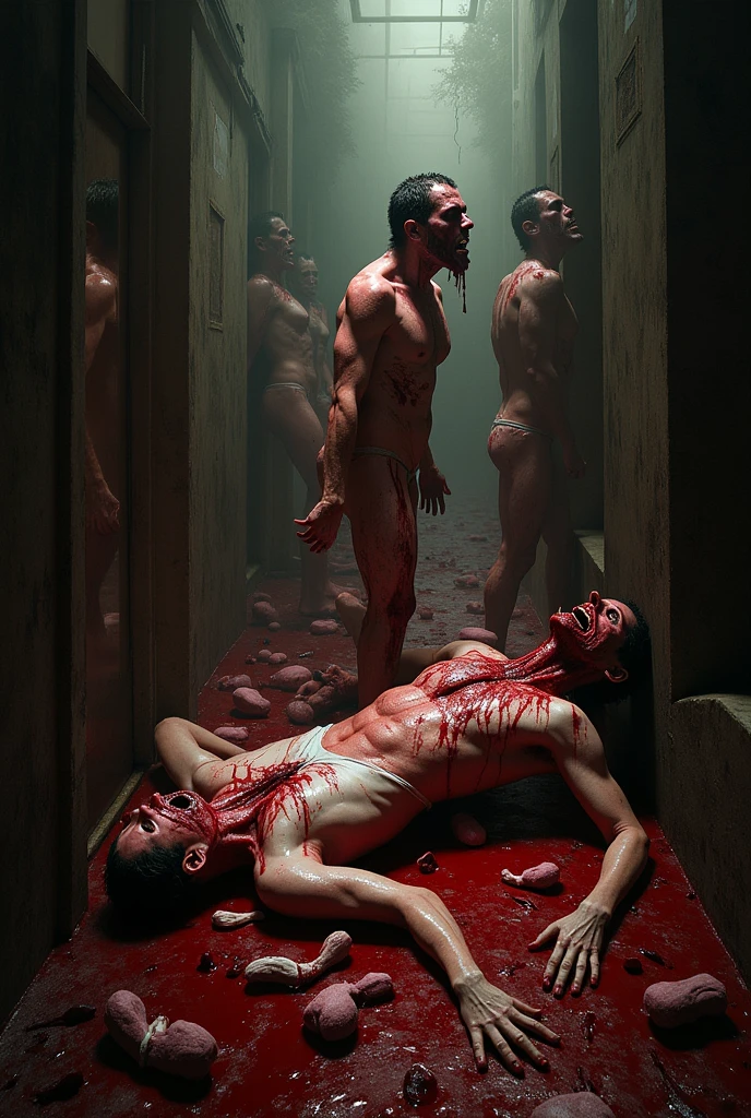 "A horrific and disturbing horror scene unfolds before the viewer's eyes. The environment is macabre and dark, with details of gore and graphic violence. Mutilated and bloodied bodies are scattered across the floor, while sinister shadows dance on the walls. The air is permeated with the metallic smell of blood and the atmosphere is one of pure terror. Graphic details of injuries and mutilations are visible, creating a sense of revulsion and horror.