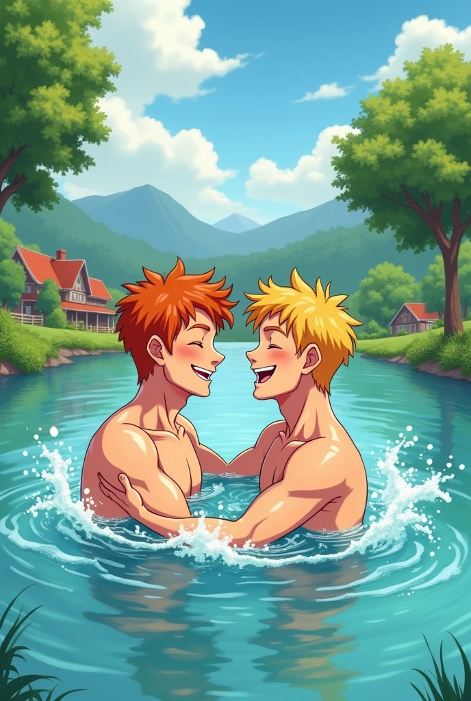 Four very handsome men wearing only a short thong that shows a little of their ass each one has a different hair color one of them has blond hair the other has black hair one has red hair the other has orange hair and only one of them is black they are around a campfire they are sitting on the grass in the back there is a beautiful wooden cabin that can sleep four people they are in a forest at night and on the left side there is a beautiful lake where there are two men kissing the image has to be in a Hot gay anime