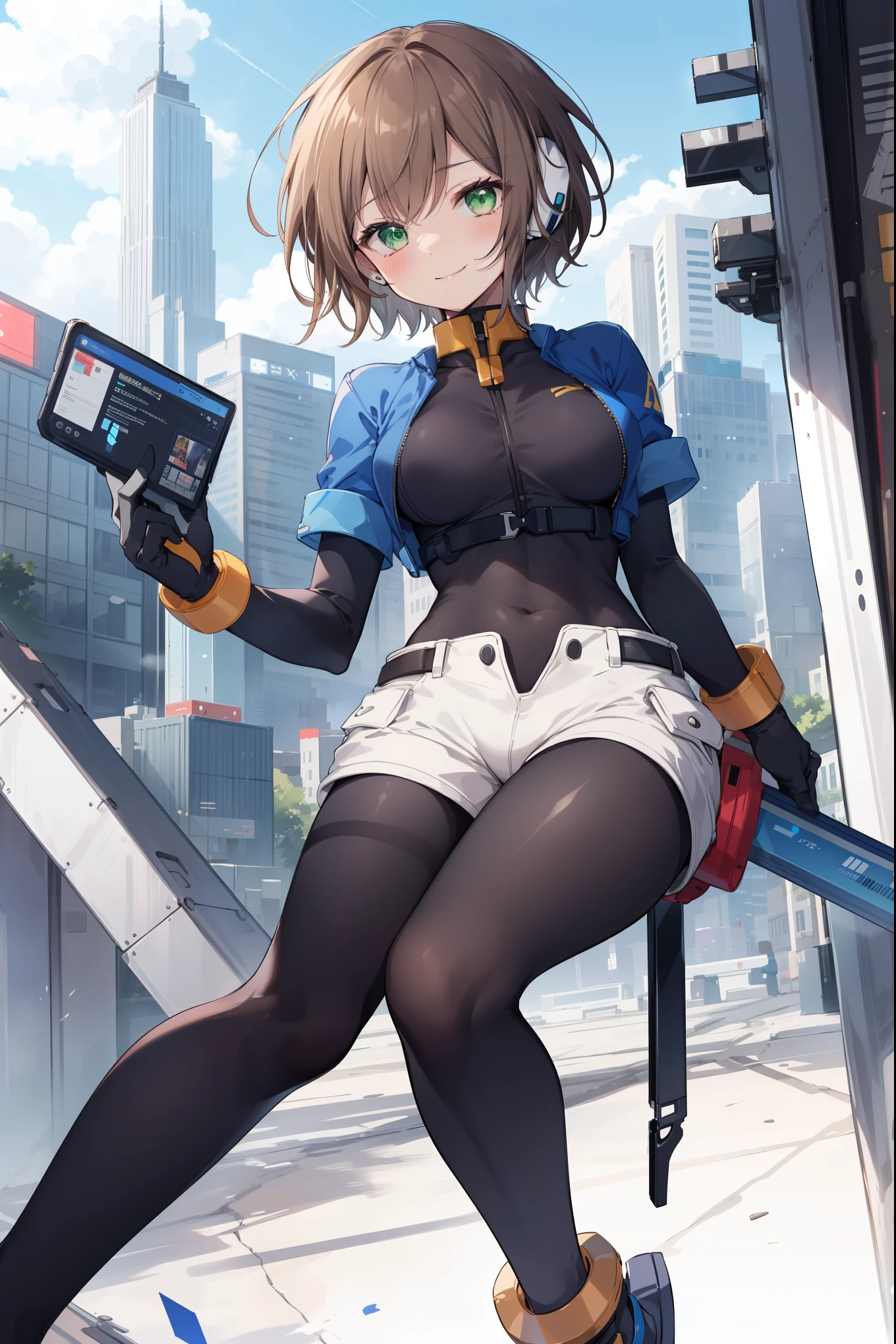 aile_megamanzx,  , 1girl, solo, short hair, brown hair, short sleeves, (bodysuit), robot ears, green eyes, short_shorts, short sleeves, short over long sleeves, smile, in futuristic city, , high quality, medium_breasts,crotch, slouch