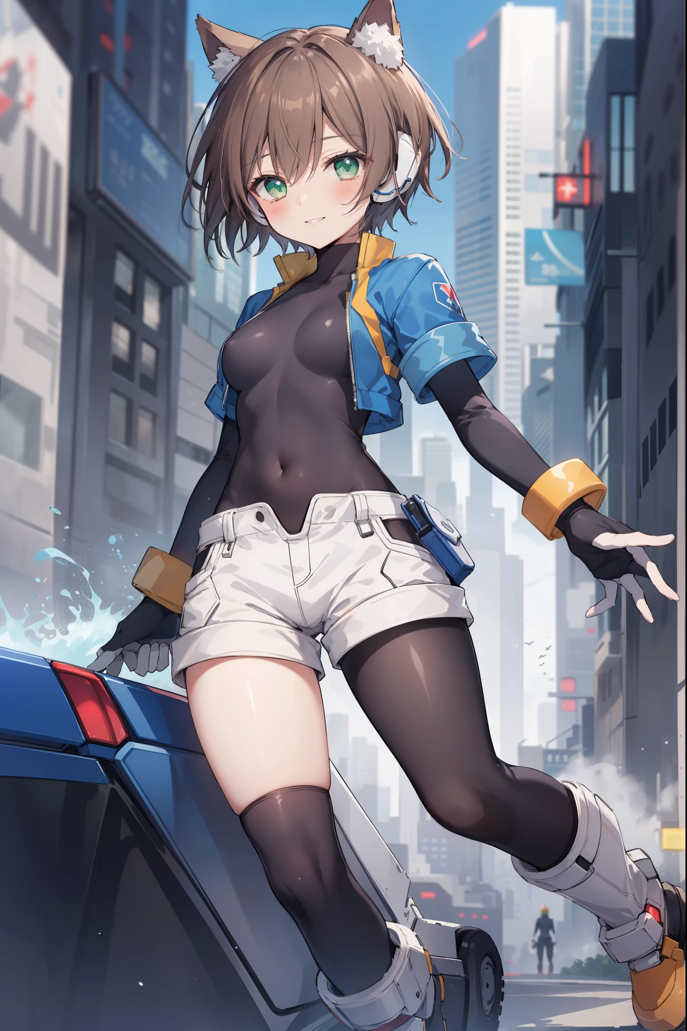 aile_megamanzx,  , 1girl, solo, short hair, brown hair, short sleeves, (bodysuit), robot ears, green eyes, short_shorts, short sleeves, short over long sleeves, smile, in futuristic city, , high quality, medium_breasts,crotch, slouch