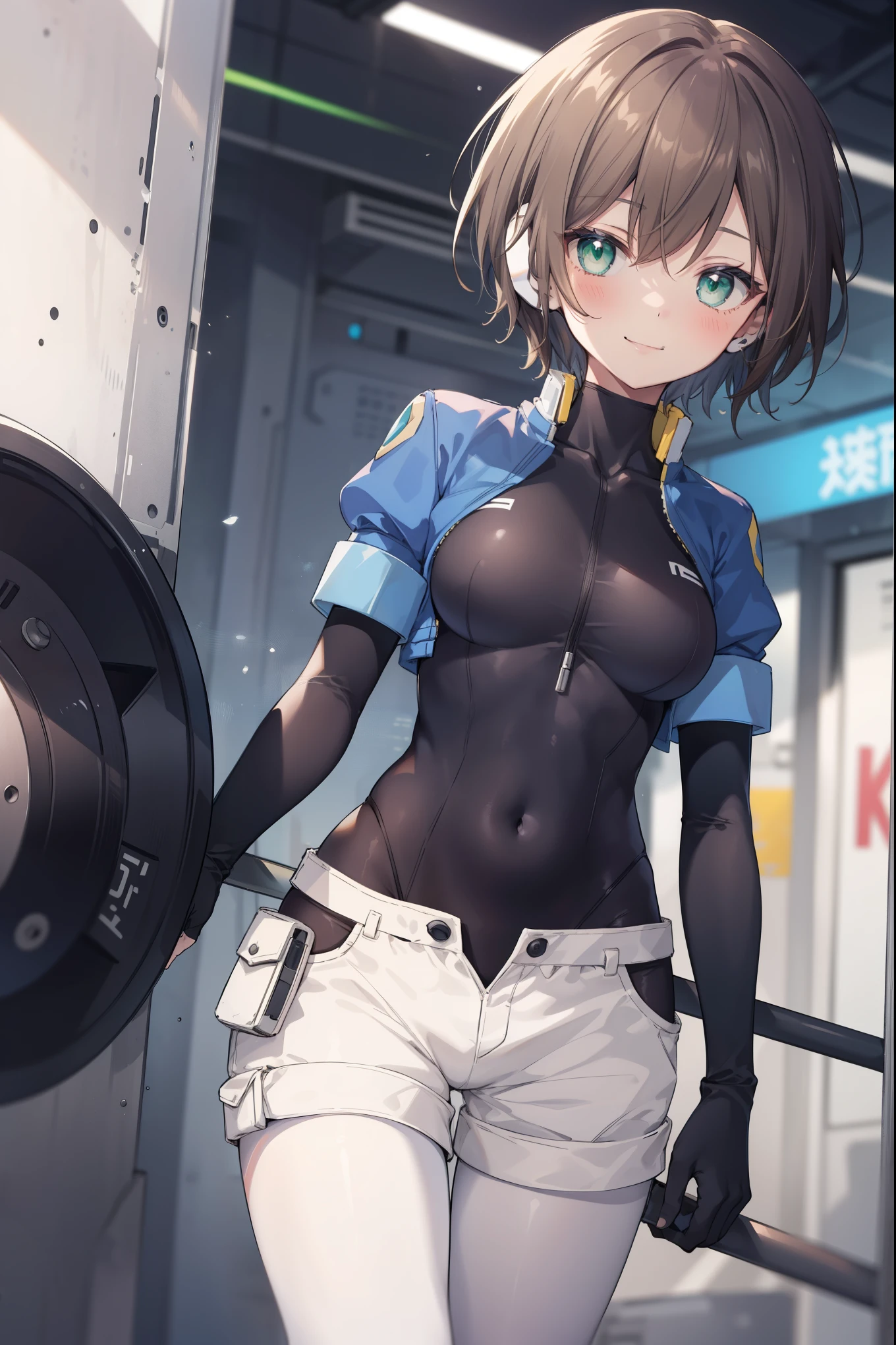 aile_megamanzx,  , 1girl, solo, short hair, brown hair, short sleeves, (bodysuit), robot ears, green eyes, short_shorts, short sleeves, short over long sleeves, smile, in futuristic city, , high quality, medium_breasts,crotch, slouch