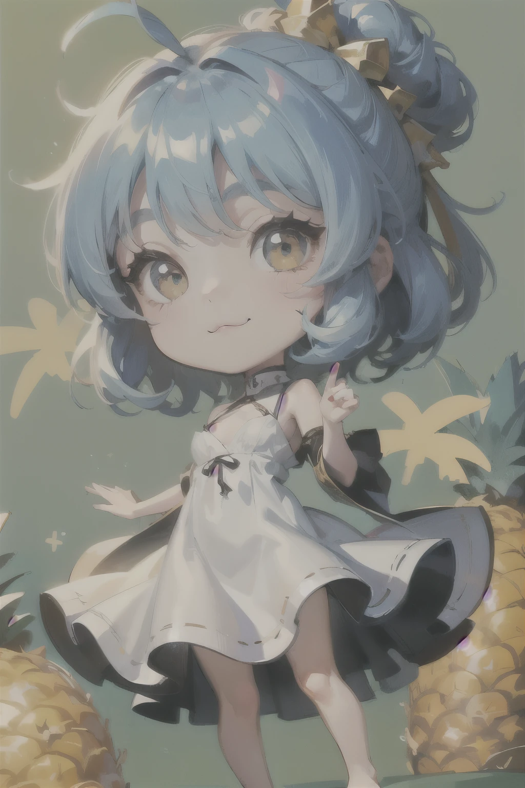 (Masterpiece、Fresh pineapple:1.2)、(Highest quality,Super detailed,High resolution,Very detailed)、(Chibi Body、Small face、Young face、Complete face parts、smile、Light blue hair color, Short chignon hair、Very detailedな目、Golden Eyes、humans skeleton、Beautiful breast growth、 :3, Ahoge)、(Carefully drawn fingertips、Look Away、Beautiful human hands、Carefully drawn fingers、gloss々Skin、Slender、Thin thighs、Thin legs)、(chibi gal、Angle from below、barefoot、A world view and background that suits chibi、On the bed、Cute Dress:1.2)
