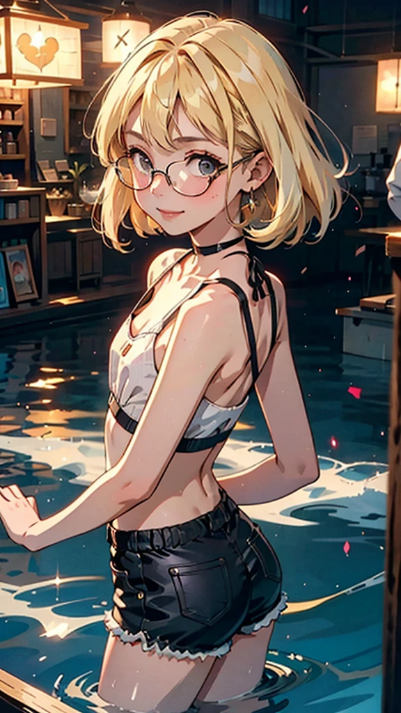 1girl, bangs, body, girl, blonde hair, cleavage, mouth, flat chest, ass facing the viewer, back to screen, smile, tight, micro shorts 1.4, Ultra HD |, 4k image, glasses, character near the camera