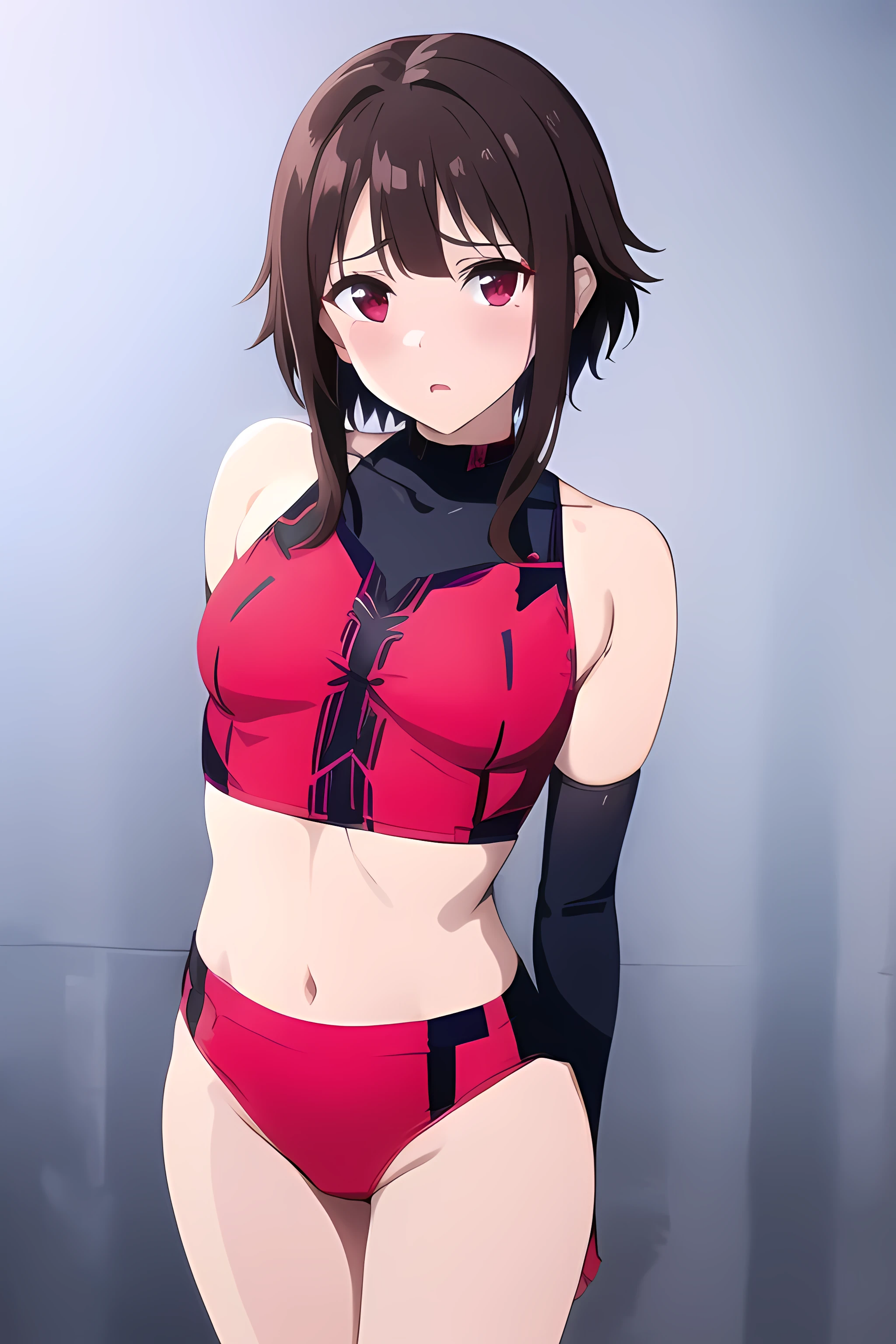 1girl, megumin, short hair, dark brown hair, crimson eyes, (medium breasts:1.1), blush,blush on face, looking at viewer, HQr4v3, red and black, crop top, bikini bottoms, elbow gloves,