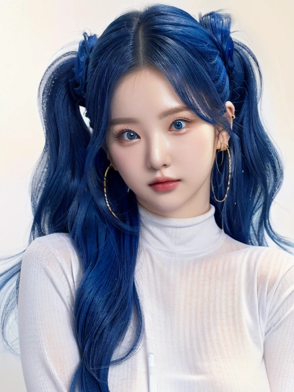 long, Wavy blue hair combed in two ponytails and blue like eyes, wearing a white long-sleeved turtleneck shirt, Gold Hoop Earrings, relaxed pose, looking slightly to one side, be suave, minimalist background with soft lighting, Clean and modern environment, big breasts, heavy breasts.