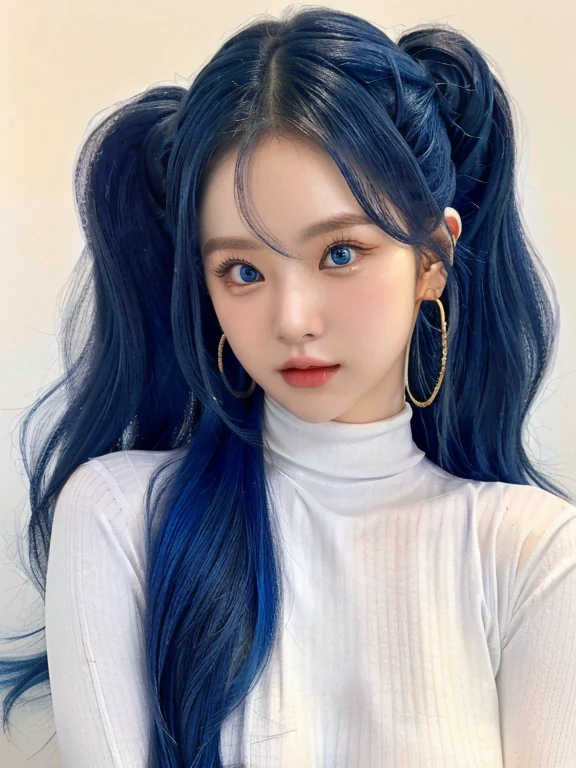 long, Wavy blue hair combed in two ponytails and blue like eyes, wearing a white long-sleeved turtleneck shirt, Gold Hoop Earrings, relaxed pose, looking slightly to one side, be suave, minimalist background with soft lighting, Clean and modern environment, big breasts, heavy breasts.