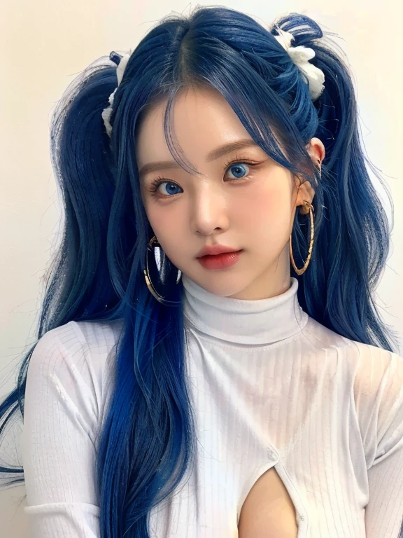 long, Wavy blue hair combed in two ponytails and blue like eyes, wearing a white long-sleeved turtleneck shirt, Gold Hoop Earrings, relaxed pose, looking slightly to one side, be suave, minimalist background with soft lighting, Clean and modern environment, big breasts, heavy breasts.