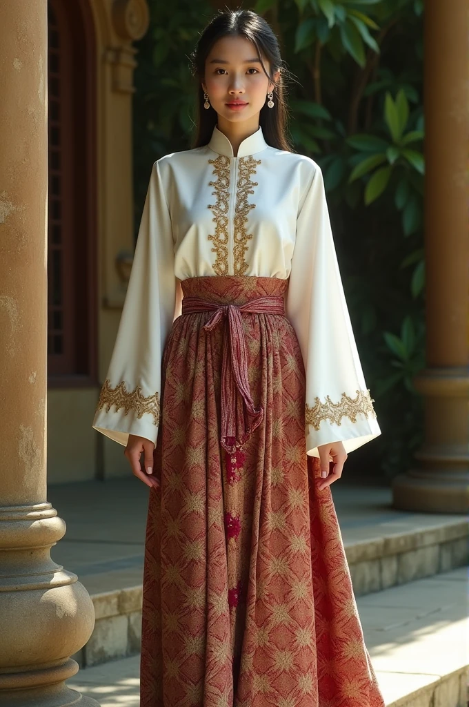 A woman in white Arabian  kurti in Indian style brown print on neck and brown pant posing in front of camera realistic and master piece more print 
