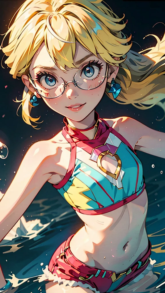 1girl, bangs, body, girl, blonde hair, cleavage, mouth, flat chest, ass facing the viewer, back to screen, smile, tight, micro shorts 1.4, Ultra HD |, 4k image, glasses, character near the camera