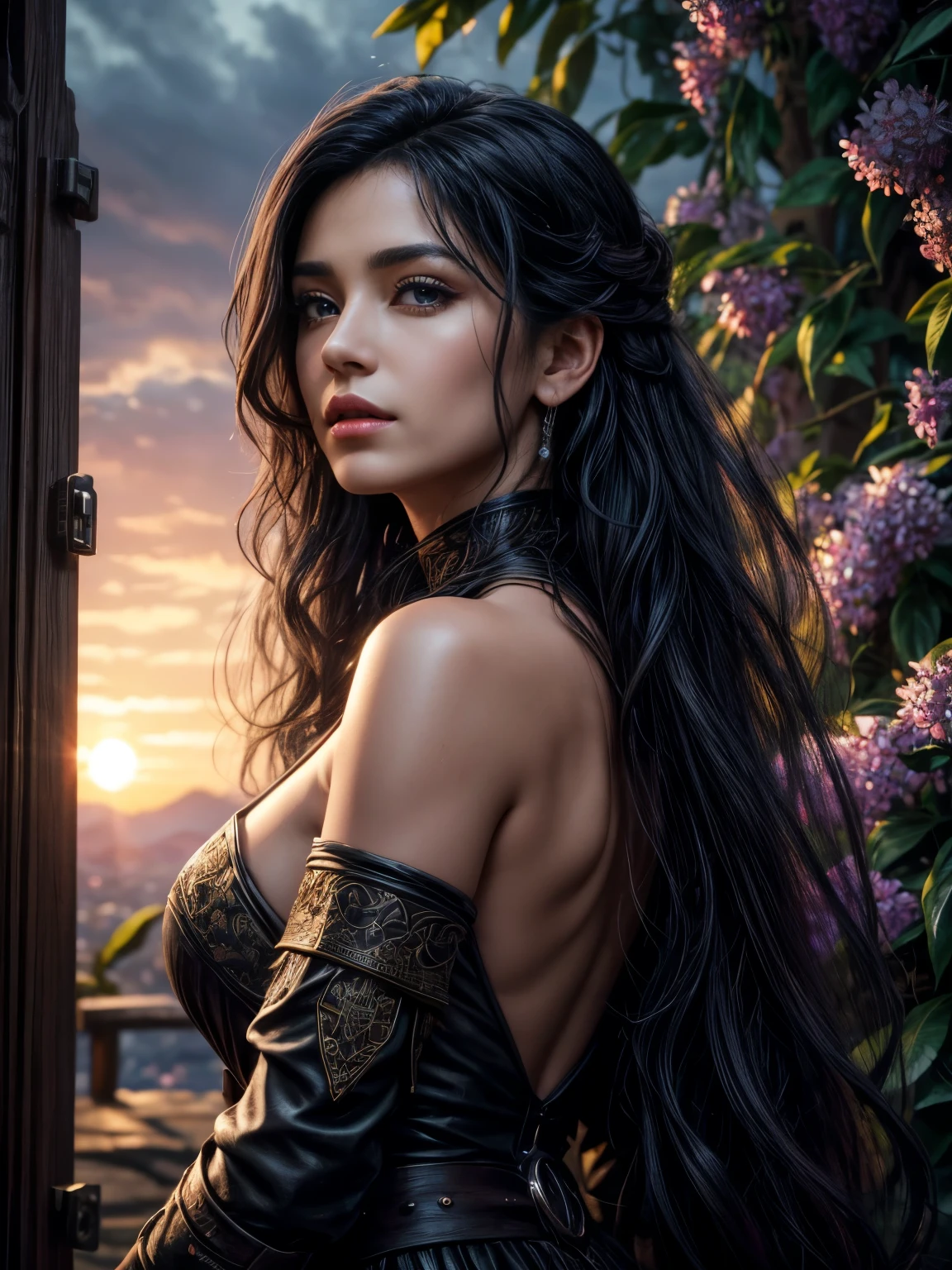 A beautiful young woman with long, flowing black hair, surreal and dreamlike, highly detailed and realistic, 8k resolution, masterpiece, photorealistic, ultra-detailed, vibrant colors, dramatic lighting, intricate textures, imaginative setting, cinematic composition, ethereal atmosphere
