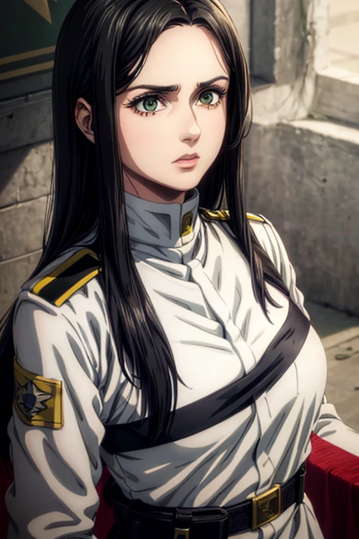 1 woman aged 35, long black hair, greeneyes, neutral expression, White military uniform, marley, liberia, Masterpiece artwork, best qualityer, retina, super detaill, 