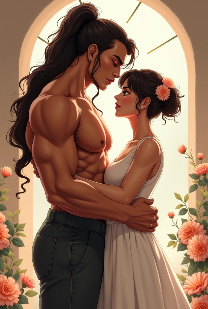 In a vibrant, sun-soaked scene, two figures greet each other with a cheerful "Hola!" One figure is a matured male with a stubble beard, thick eyebrows, and a masculine build. His eyes are hyperdetailed, full of warmth and depth. His collarless shirt is open, revealing hyper pecs and a soft smile playing on his lips. The other figure is a matured female with long, loose curls and a seductive expression. She's wearing a bright red dress that hugs her curves, showing off her thick thighs and shining skin. Her make-up is masterfully done, with smoky eyeshadow and long lashes. They exchange a