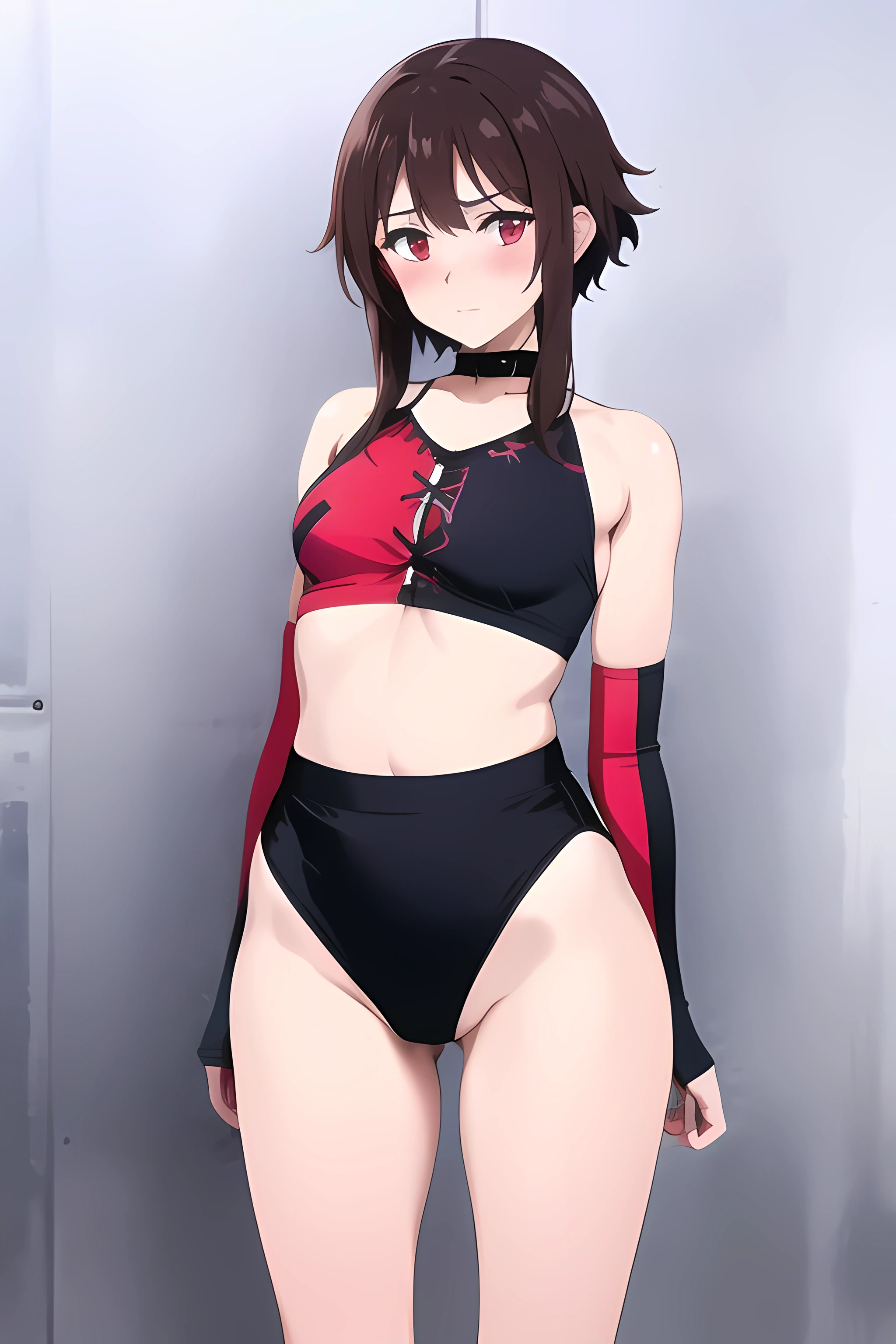 1girl, megumin, short hair, dark brown hair, crimson eyes, (medium breasts:1.1), blush,blush on face, looking at viewer, HQr4v3, red and black, crop top, bikini bottoms, elbow gloves,